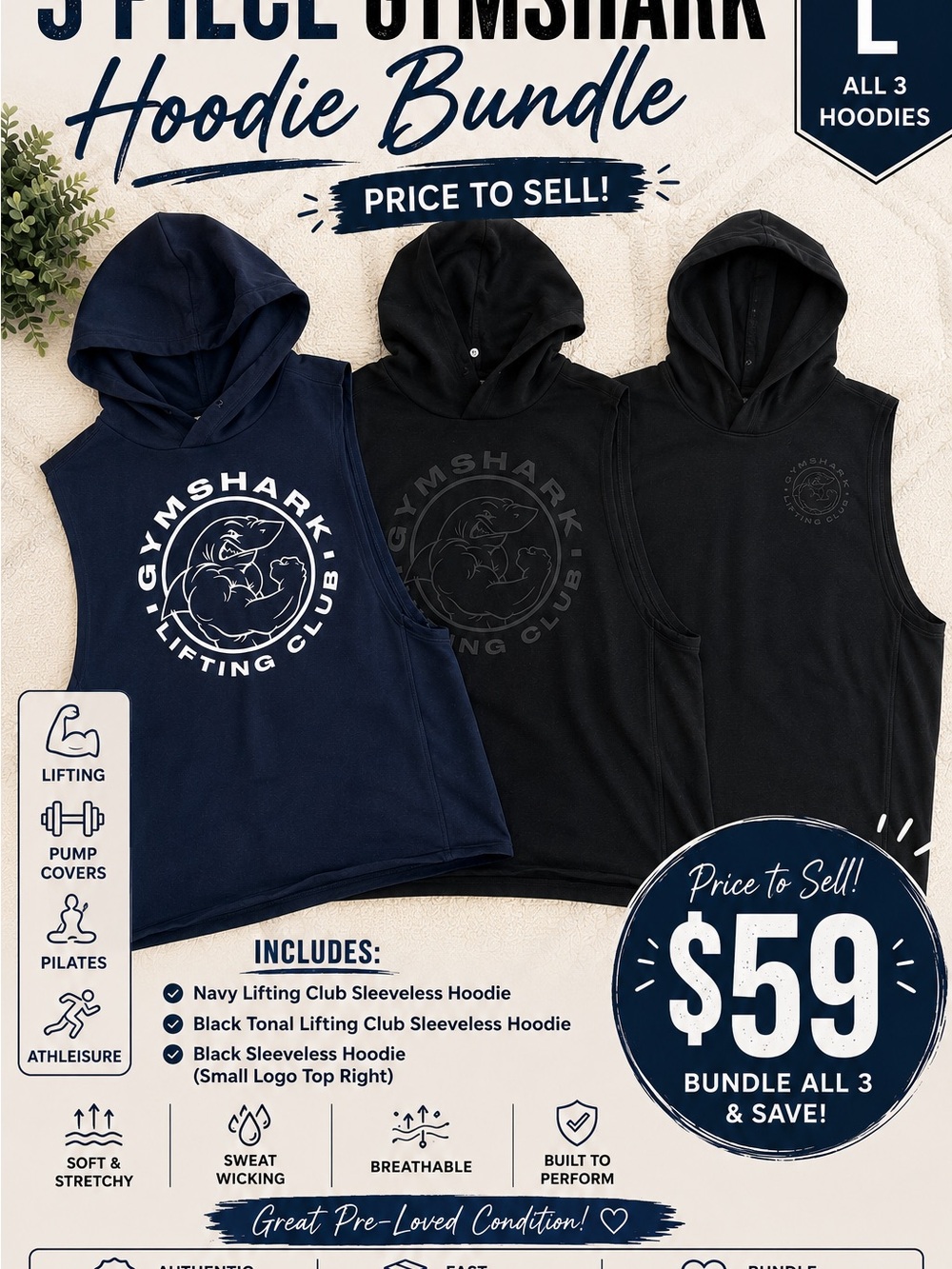 Gymshark Navy & Black Sleeveless Hoodie Set